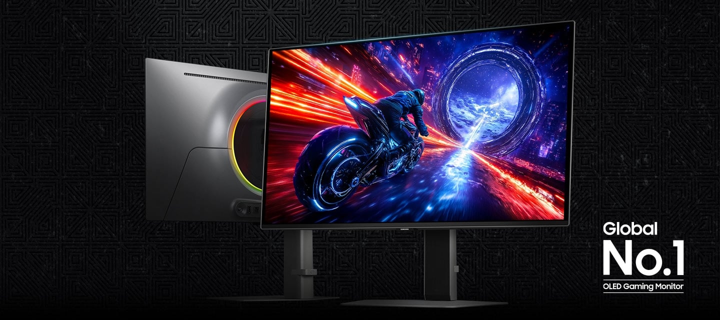 Deux moniteurs OLED Odyssey G6. L'un face avant, l'autre face arri&egrave;re. L'&eacute;cran montre un homme &agrave; moto fon&ccedil;ant vers un tunnel bleu. Logo du moniteur de jeu OLED n&deg; 1 mondial.