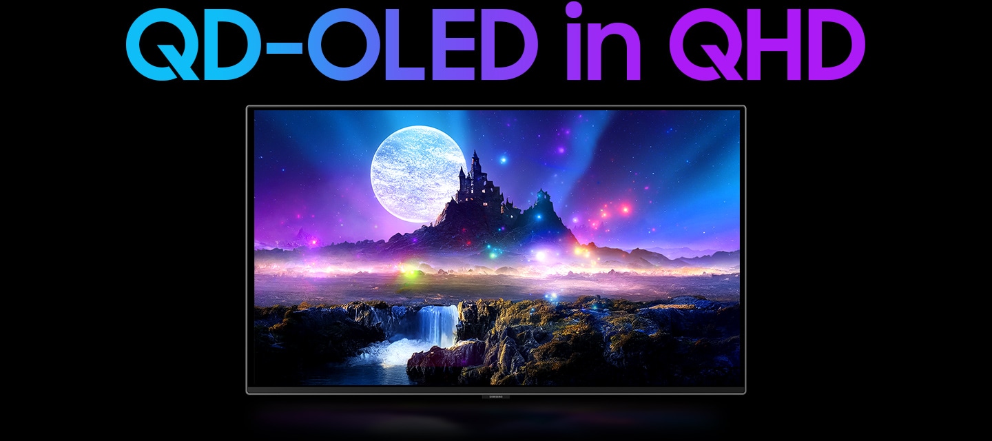 QD-OLED en QHD. Vue a&eacute;rienne du moniteur. L'&eacute;cran se retourne pour r&eacute;v&eacute;ler l'&eacute;cran. De petits pixels fusionnent pour former une image nette d'un ch&acirc;teau et d'une cascade. Une plan&egrave;te en arri&egrave;re-plan. De minuscules lumi&egrave;res brillent tandis qu'elle se d&eacute;place &agrave; l'int&eacute;rieur de l'&eacute;cran.