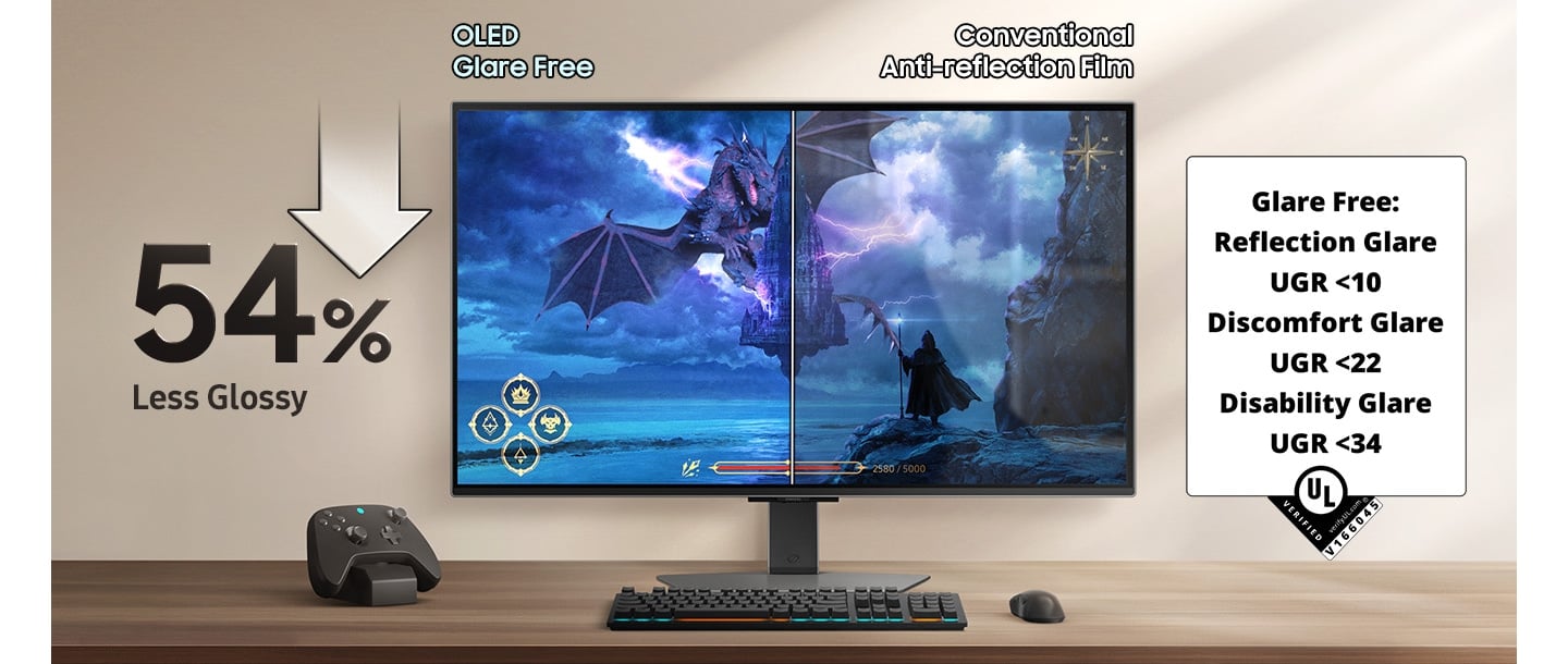 Moniteur avec configuration gaming. L'&eacute;cran brillant permet d'&eacute;viter les reflets sur l'&eacute;cran de jeu. La technologie OLED antireflet affiche une image nette. Sans reflets&nbsp;: taux d'&eacute;blouissement UGR <&nbsp;10, taux d'&eacute;blouissement inconfortable UGR <&nbsp;22, taux d'&eacute;blouissement handicapant UGR <&nbsp;34.