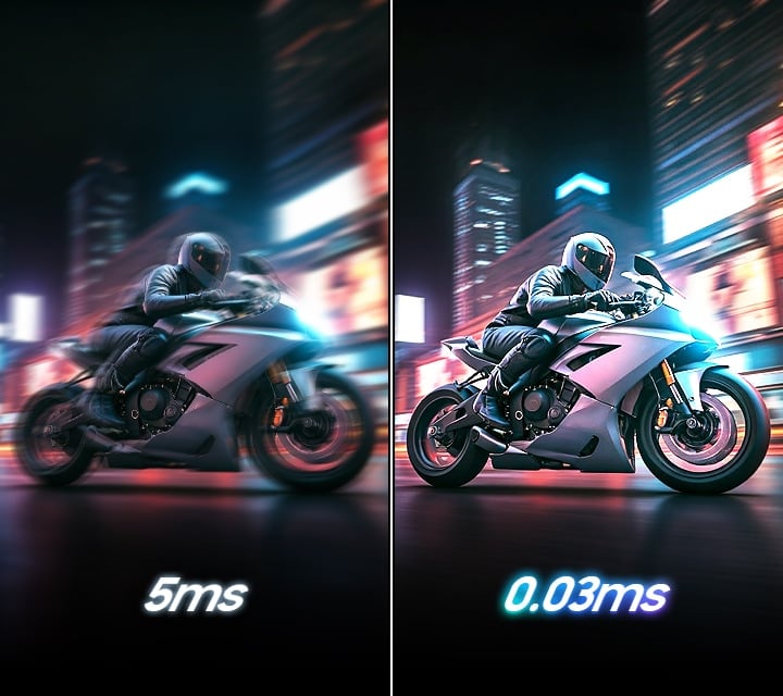 Une sc&egrave;ne d'un homme conduisant une moto est plus claire avec 0,03 ms qu'avec 5 ms.