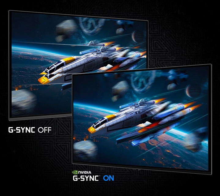 Deux &eacute;crans montrent un vaisseau spatial dans l'espace. NVIDIA G-SYNC d&eacute;sactiv&eacute; affiche une image plus saccad&eacute;e que NVIDIA G-SYNC activ&eacute;.