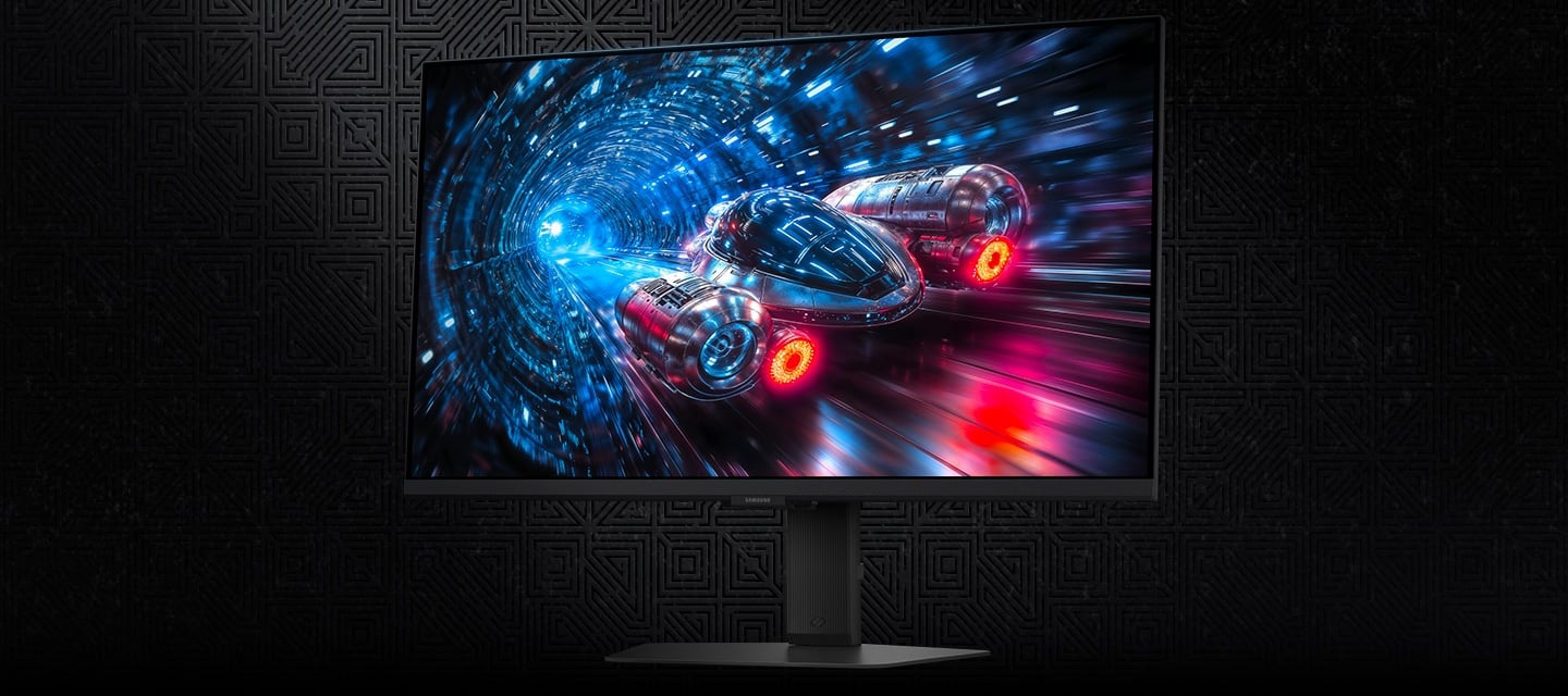 A spaceship is going through a neon blue tunnel.