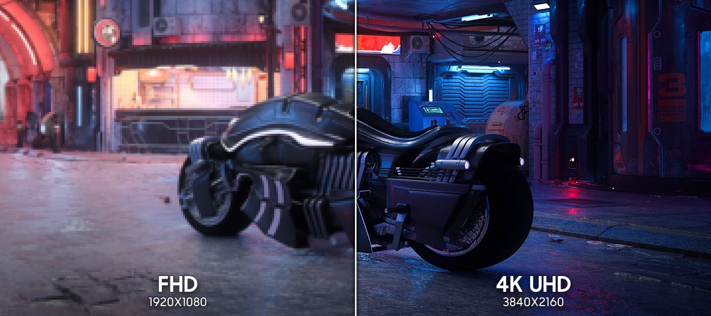 A motorcycle is parked in front of a building. 4K UHD (3840X2160) shows a clearer, more vivid image of a motorcycle compared to FHD (1920X1080).