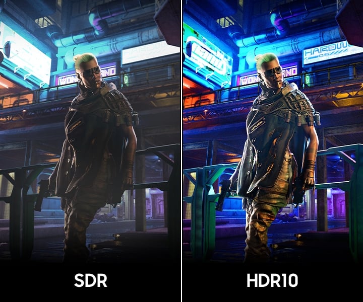 Scene of a man leaning on the guard rail. HDR10 shows the scene more clearly and vibrantly than SDR.