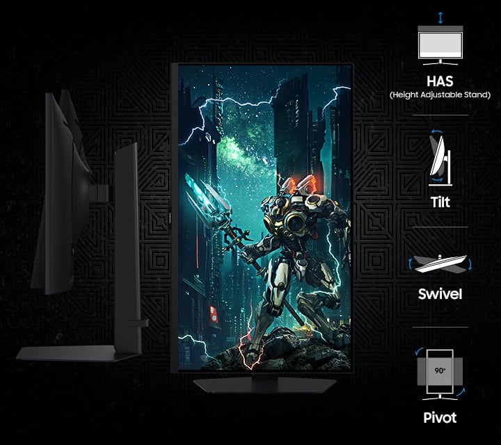 A side view of the monitor and a vertical screen showing the character in full. Icons for HAS (Height Adjustable Stand), Tilt, Swivel, and Pivot.