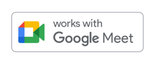 Works with Google Meet badge &mdash; Google Meet camera icon left of the text 'works with Google Meet' inside a rounded rectangle.