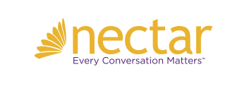 Nectar logo &mdash; gold wordmark 'nectar' with a stylized gold petal/wing graphic at left and the purple tagline 'Every Conversation Matters&trade;' beneath.