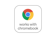Works with Chromebook badge &mdash; Chrome logo above the text 'works with Chromebook' inside a rounded square.