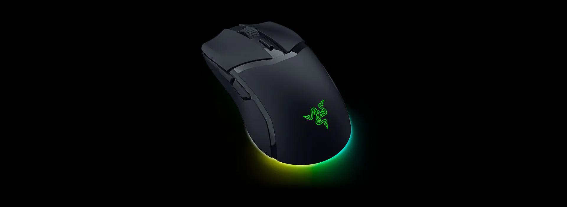 Souris de jeu sans fil avec logo Razer, dessous arc-en-ciel illumin&eacute;, finition noire mate et boutons personnalisables sur le dessus.