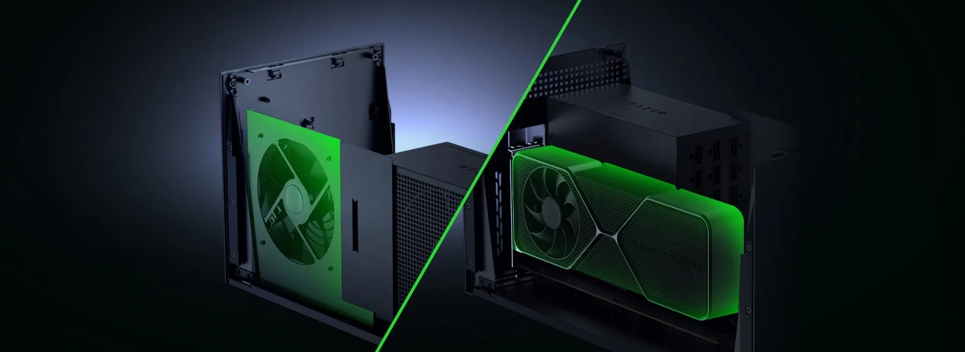 Division of an Nvidia GPU: left shows the case with fans and components, right displays the graphics card with green accents.
