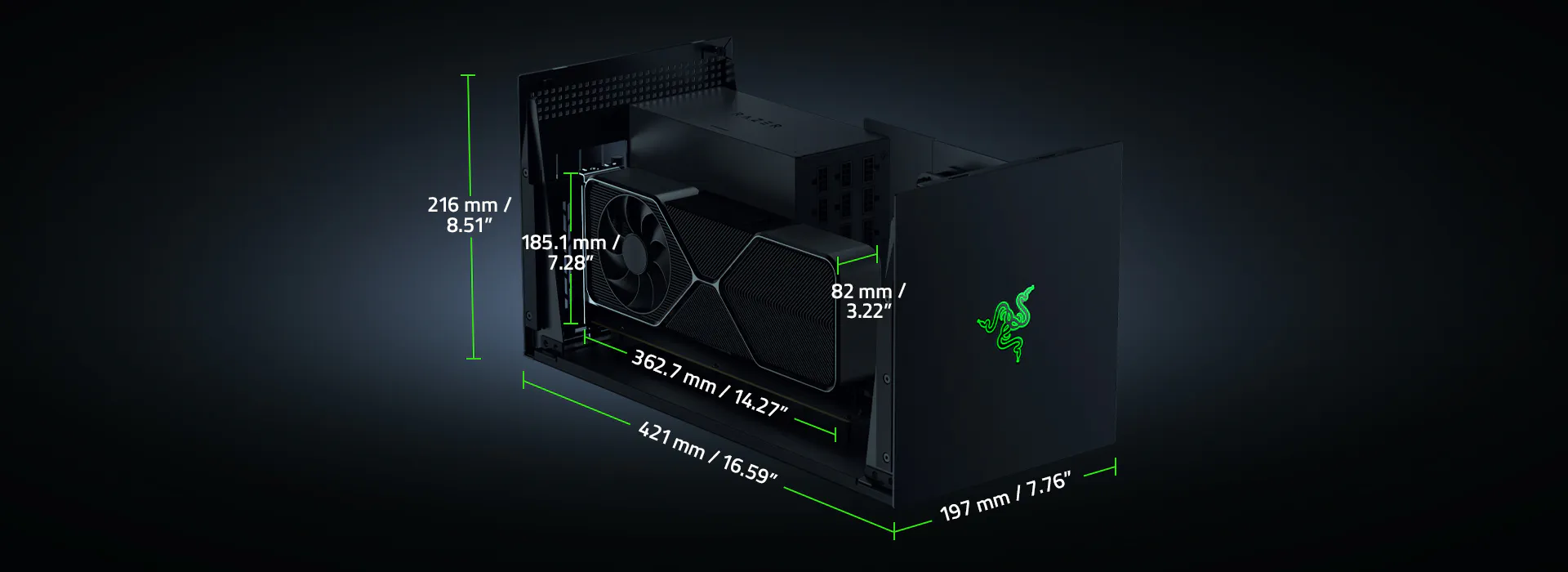 Diagram of a graphics card with dimensions: 421mm x 197mm x 82mm; 16.59" x 7.76" x 3.22"; includes a fan and Razer logo.