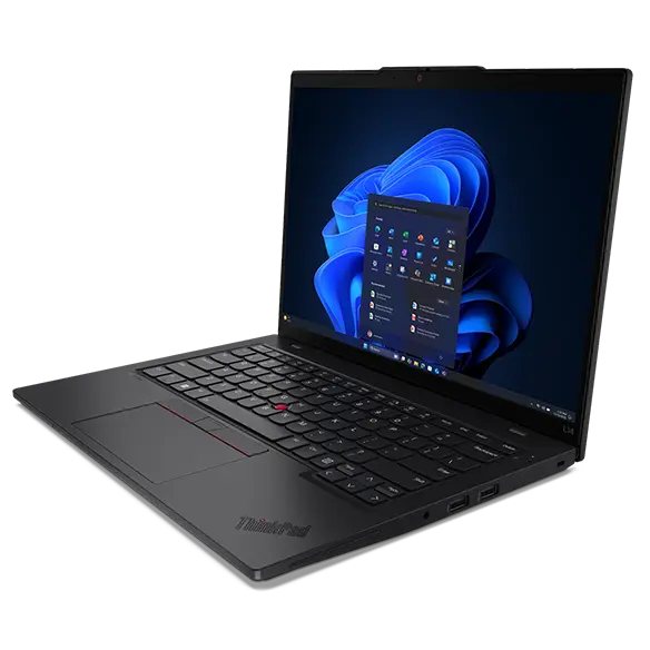 Ordinateur portable Lenovo ThinkPad L14 Gen 6 (Intel 14 pouces) : aperçu avant droit, capot ouvert, avec le menu Windows 11 devant l'arrière-plan Windows sur l'écran