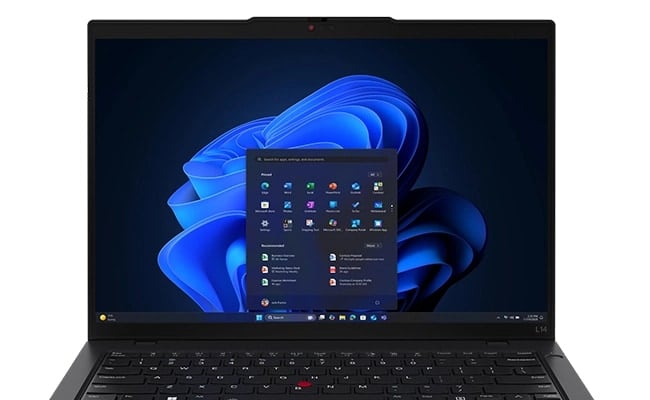 Ordinateur portable Lenovo ThinkPad L14 Gen 6 (Intel 14 pouces) : aperçu de face, capot ouvert, avec le menu Windows 11 devant l'arrière-plan Windows Bloom à l'écran