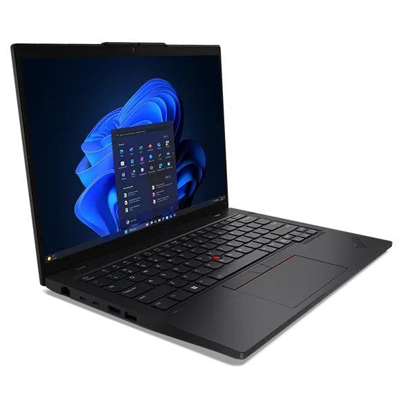 Ordinateur portable Lenovo ThinkPad L14 Gen 6 (Intel 14 pouces) : aperçu avant gauche, capot ouvert, avec le menu Windows 11 devant l'arrière-plan Windows sur l'écran
