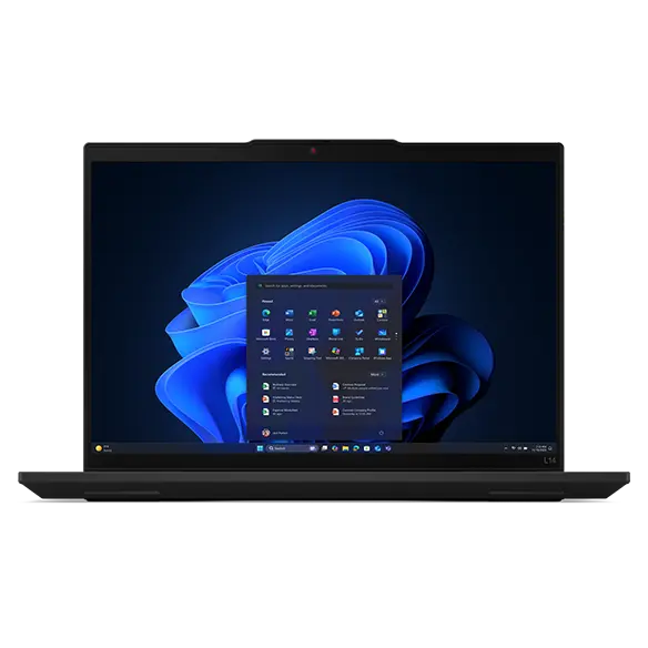 Ordinateur portable Lenovo ThinkPad L14 Gen 6 (Intel 14 pouces) : aperçu frontal, capot ouvert, avec le menu Windows 11 devant l'arrière-plan Windows Bloom à l'écran