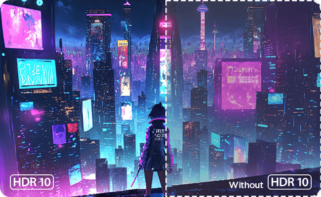 Prend l'exemple d'une scène de jeu dans laquelle une fille se tient debout dans les hauteurs et contemple la vue nocturne colorée d'une ville moderne pour démontrer que la fonction hdr10 peut apporter des contrastes saisissants.