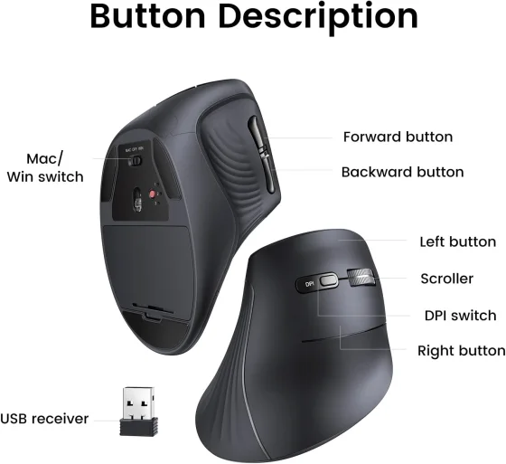 Souris sans fil Bluetooth Ugreen Multi-mode Vertical Noir