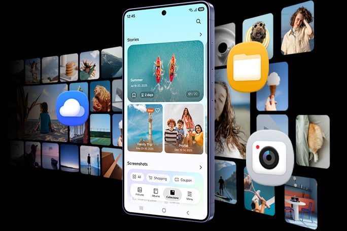 Galaxy S26 Ultra vu depuis l’écran principal. L’application Gallery est ouverte et affiche les photos enregistrées. D’autres applications apparaissent également, montrant que vous pouvez stocker différents types de contenu sur l’appareil.