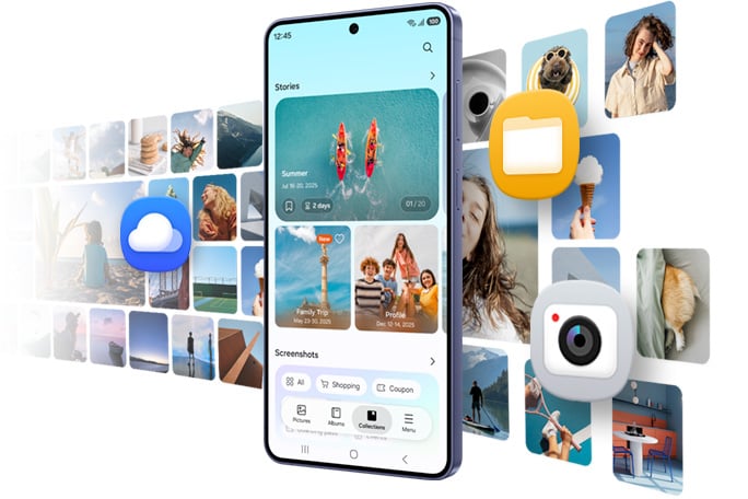 Le Galaxy S26 plus s’affiche à l’écran principal. L’application Gallery est ouverte et affiche les photos enregistrées. D’autres applications sont également présentes pour indiquer que vous pouvez stocker divers types de contenus sur l’appareil.