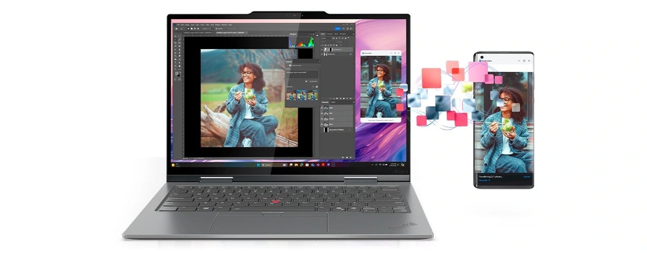 Avec Smart Share, touchez simplement votre téléphone pour vous connecter à l’ordinateur portable Lenovo ThinkPad&nbsp;X1 2&nbsp;en&nbsp;1 Gen&nbsp;10 Aura Edition, et partager des fichiers, les modifier et même envoyer des textos depuis votre PC.