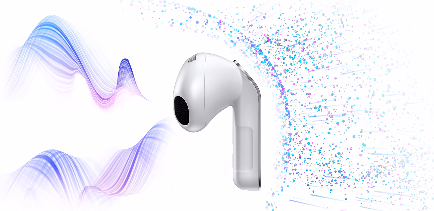 Un écouteur Galaxy Buds4 de couleur blanche. Le flux des lignes s’écoule dans l’écouteur à partir de la gauche. À droite se trouvent plusieurs points entièrement séparés du flux des lignes, pour illustrer la fonctionnalité Active Noise Canceling.