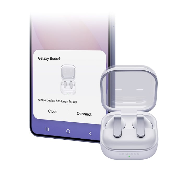 Un smartphone Galaxy avec la fenêtre contextuelle Easy Pairing à l’écran, pour illustrer à quel point il est simple de se connecter aux Galaxy Buds4.