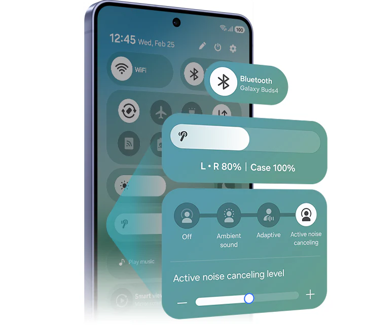 Un smartphone Galaxy avec le panneau rapide ouvert, axé sur la nouvelle version de One UI 8.5.