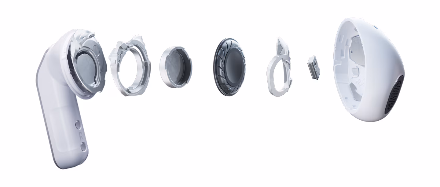 Un seul écouteur Galaxy Buds4 présente en vue éclatée les différentes parties de l’écouteur, y compris le haut-parleur de graves.
