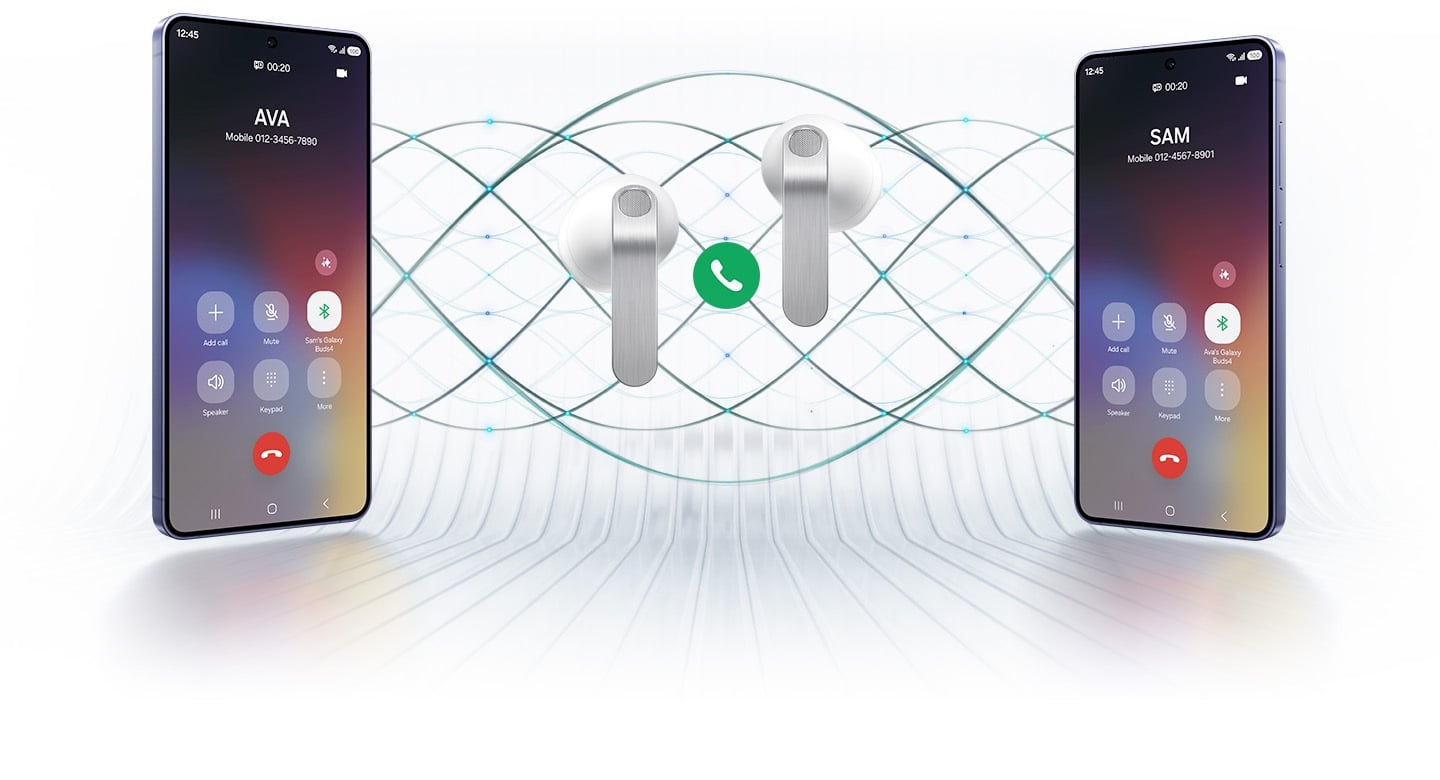 Deux smartphones Galaxy se trouvent de chaque côté avec une paire de Galaxy Buds4 de couleur blanche au milieu. Une icône d’appel téléphonique se trouve entre les écouteurs. Le smartphone à gauche affiche l’écran d’appel avec le nom «&nbsp;Ava&nbsp;» et celui à droite affiche l’écran d’appel avec le nom «&nbsp;Sam&nbsp;». En arrière-plan, plusieurs vagues mettent en valeur la fonctionnalité d’appel super clair disponible sur les Galaxy Buds4.
