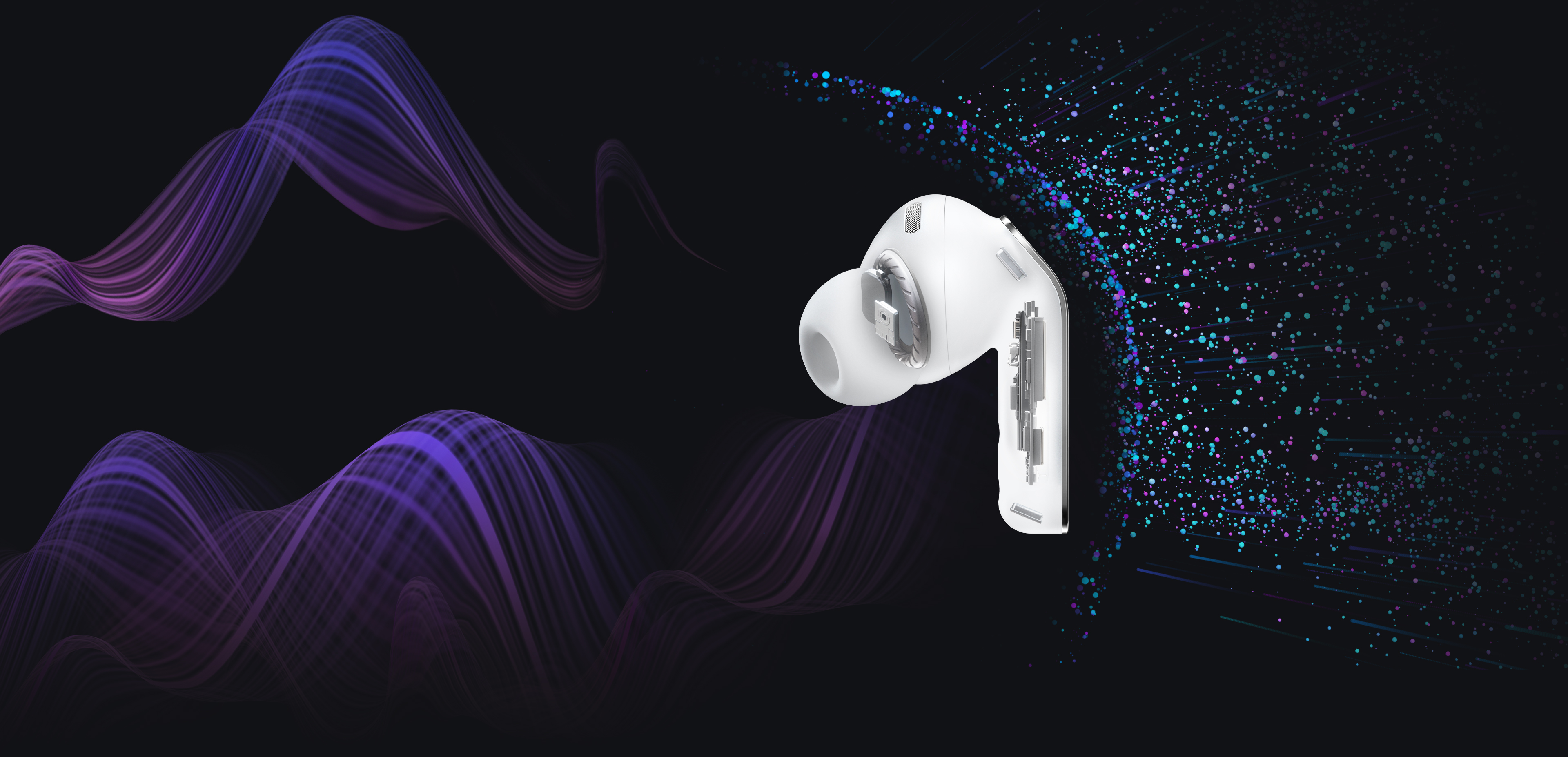 Un écouteur Galaxy Buds4 Pro en vue interne montrant le système audio. À droite, plusieurs points séparés de l’écouteur illustrent la fonction Active Noise Canceling.