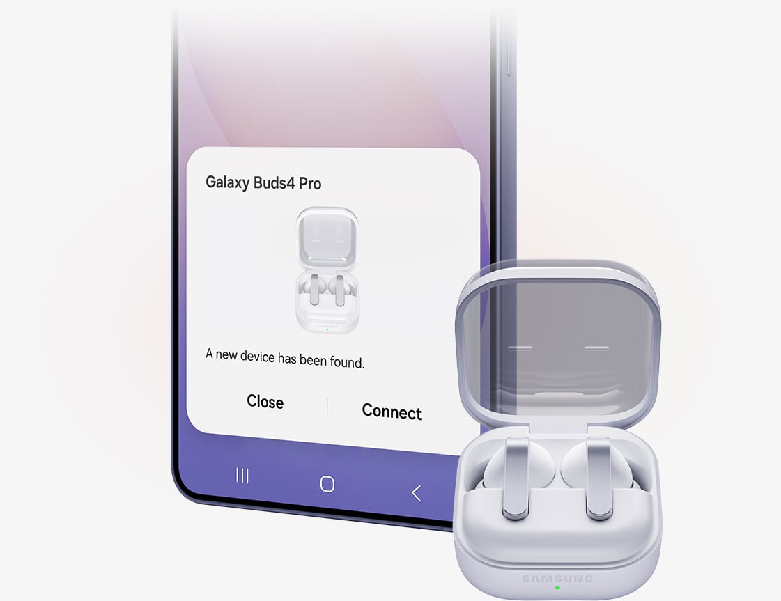 Un smartphone Galaxy avec la fenêtre contextuelle Easy Pairing à l’écran, pour illustrer à quel point il est simple de se connecter aux Galaxy Buds4 pro. À droite du smartphone Galaxy, les Galaxy Buds4 Pro sont placés dans l’étui de chargement ouvert.
