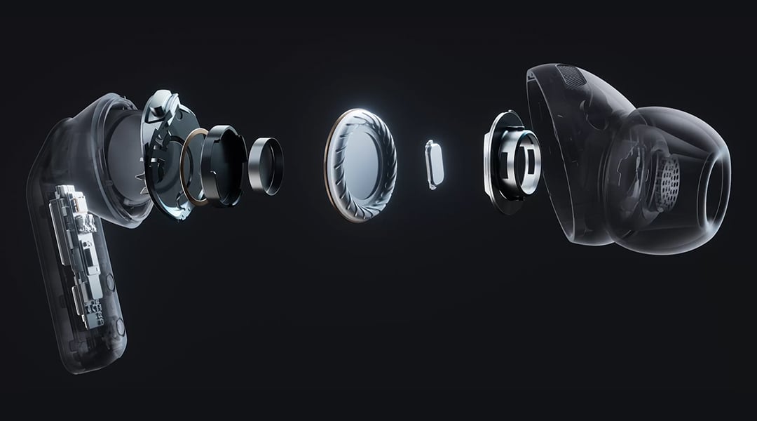 Un écouteur Galaxy Buds4 Pro en vue éclatée dévoile le système audio interne, incluant le woofer élargi et le tweeter du haut-parleur à 2&nbsp;voies.