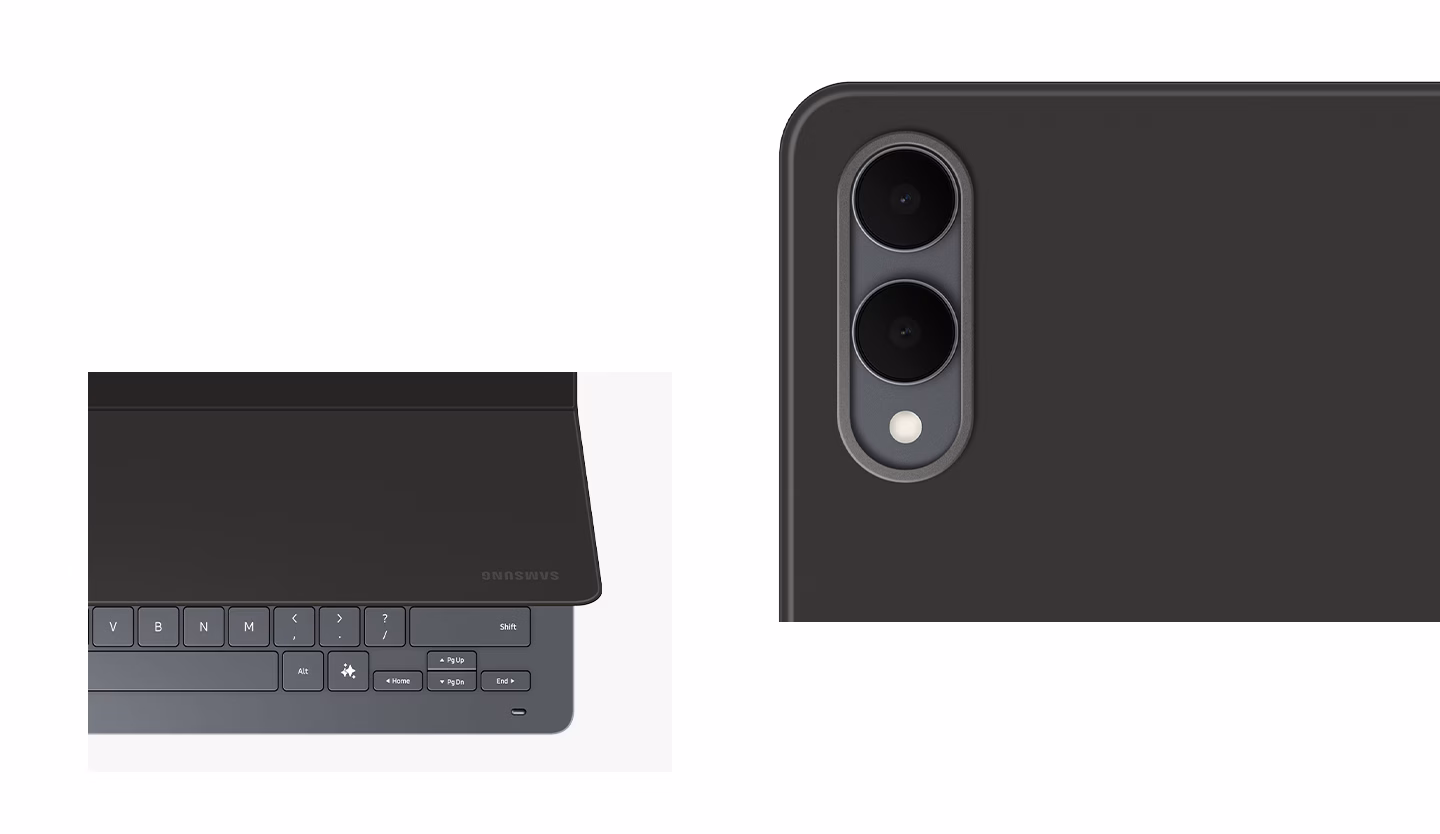 Gros plan sur le Book Cover Keyboard Slim pour Galaxy Tab S11 Ultra, dont le dos au design épuré est orné d'une bordure métallique autour des deux caméras arrière. Un autre gros plan du clavier sous un angle différent, avec l’étui partiellement ouvert et sans le support du S Pen.