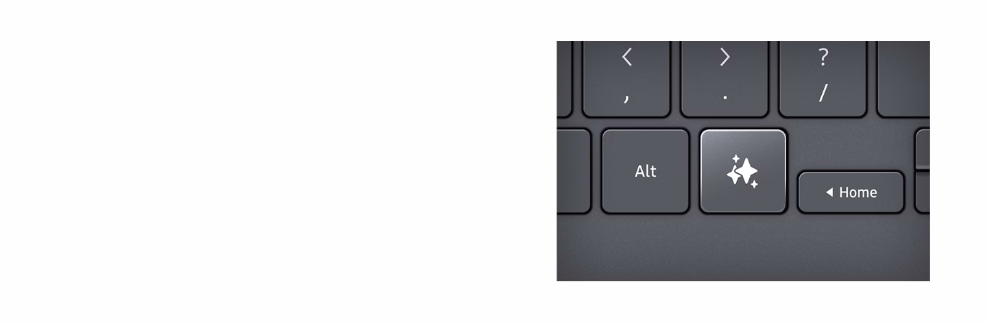 Vue de dessus de la Galaxy Tab S11 Ultra avec Book Cover Keyboard Slim, affichant Samsung Notes et une page web en vue fractionnée et avec Writing Assist en cours d'utilisation. Un gros plan montre les touches Caps Lock et Fn avec les indicateurs LED allumés. Un autre gros plan met en évidence l'emplacement de la touche AI sur le clavier.