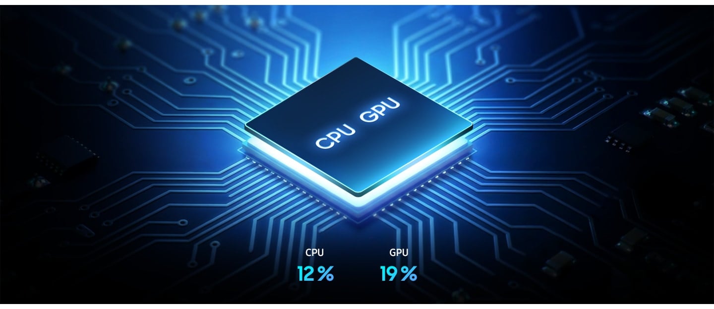 La puissante puce du processeur octa-core du téléphone Galaxy&nbsp;A37 5G est représentée ici intégrée dans une grille. Les performances du processeur ont augmenté de 12&nbsp;% et celles du processeur graphique de 19&nbsp;%.