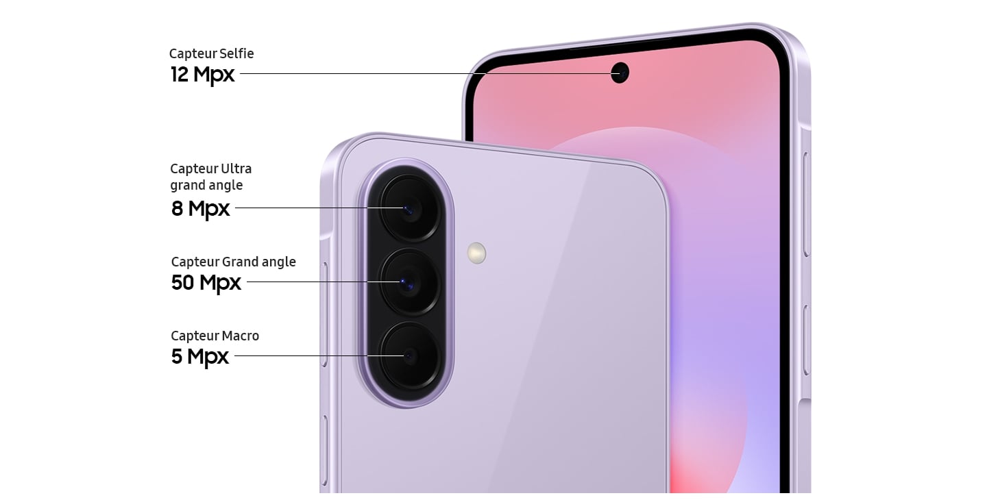 Gros plan sur le module à triple caméra à l’arrière du Galaxy&nbsp;A37 5G, disponible en couleur Lavande et gros plan sur la caméra frontale. Le Galaxy&nbsp;A37 5G est équipé d’une caméra grand angle de 50&nbsp;Mpx, d’une caméra ultra grand angle de 8&nbsp;Mpx et d’une caméra macro de 5&nbsp;Mpx à l’arrière, ainsi que d’une caméra frontale de 12&nbsp;Mpx.