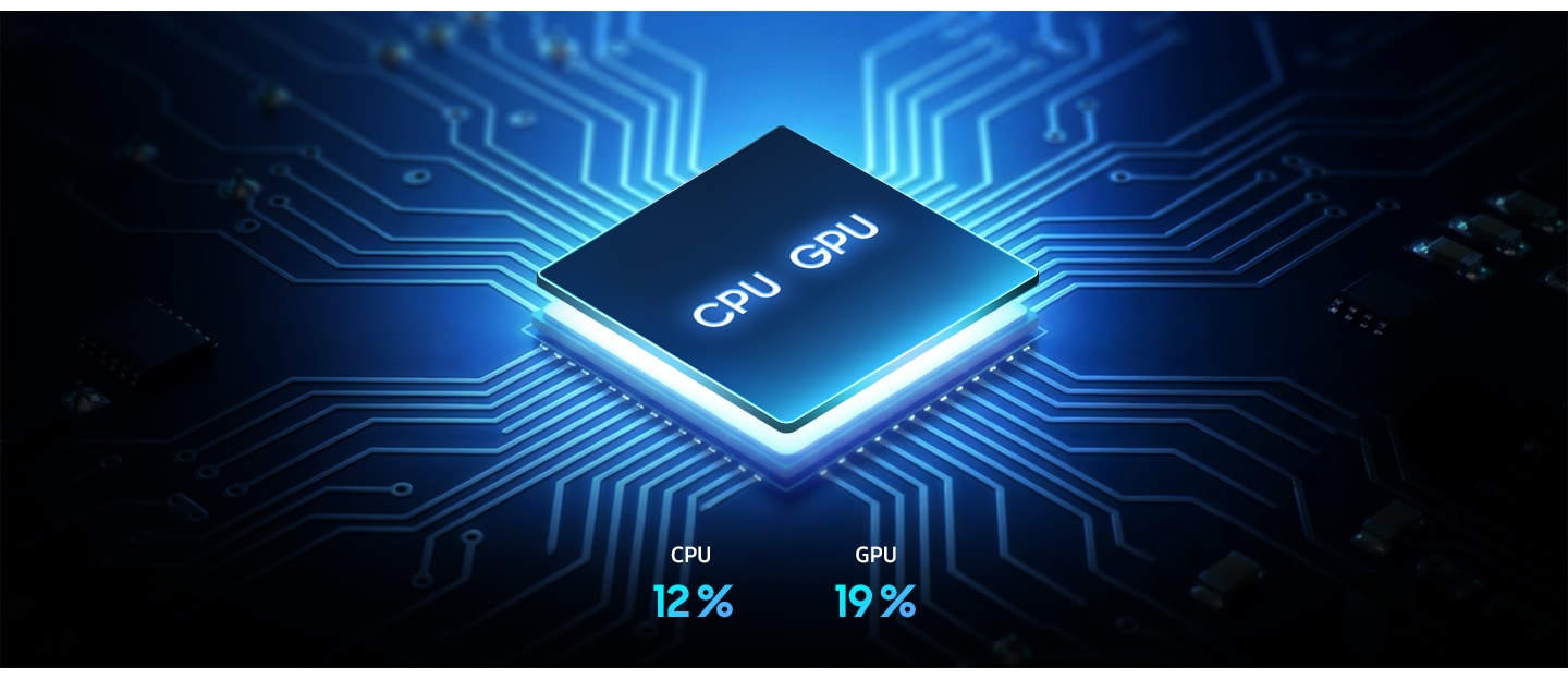 La puissante puce du processeur octa-core du téléphone Galaxy&nbsp;A37 5G est représentée ici intégrée dans une grille. Les performances du processeur ont augmenté de 12&nbsp;% et celles du processeur graphique de 19&nbsp;%.