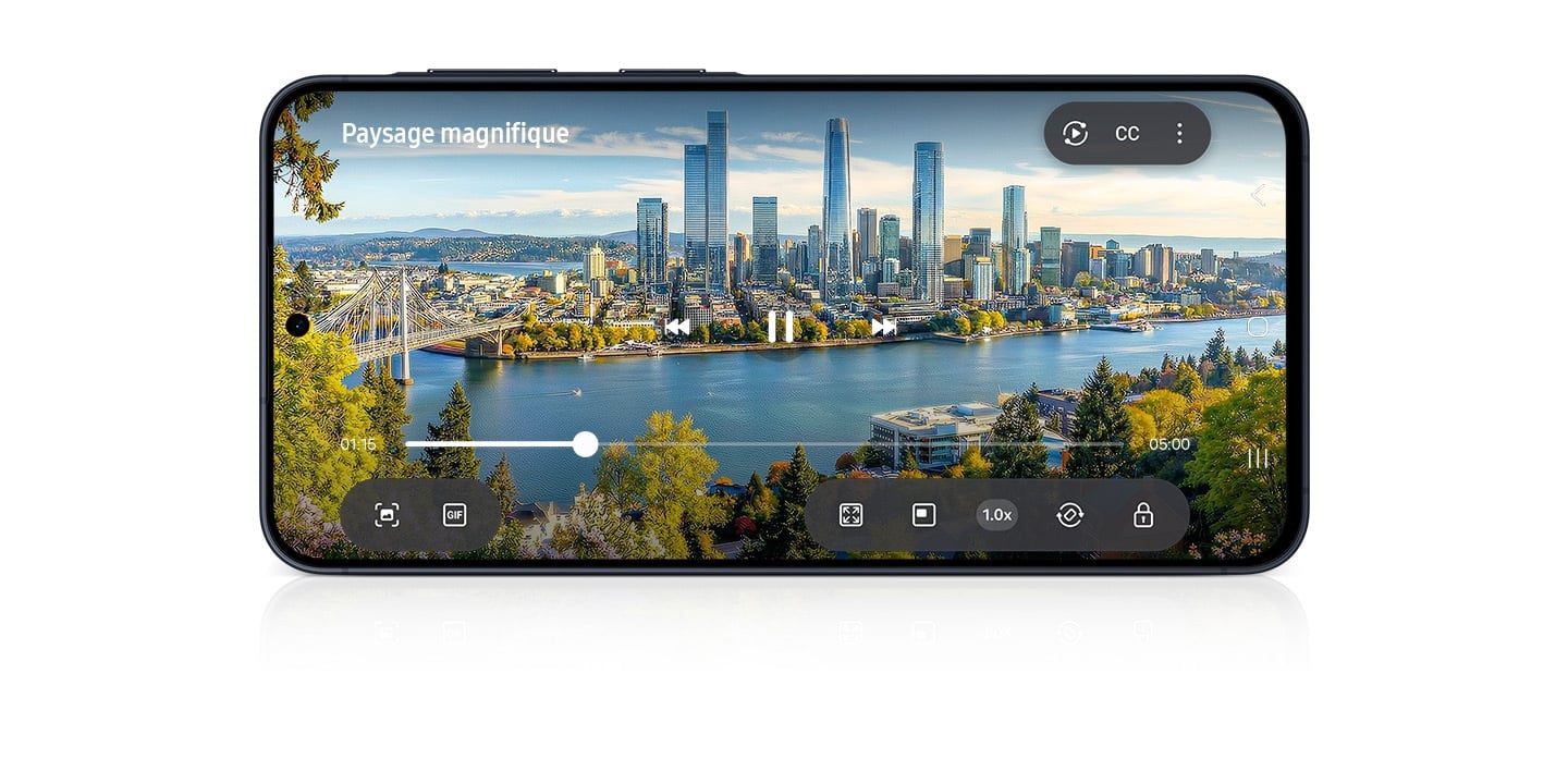 Vidéo en lecture sur un téléphone à prix raisonnable Samsung Galaxy&nbsp;A37 5G en mode paysage, avec le texte «&nbsp;Magnifique paysage&nbsp;» à l’écran.