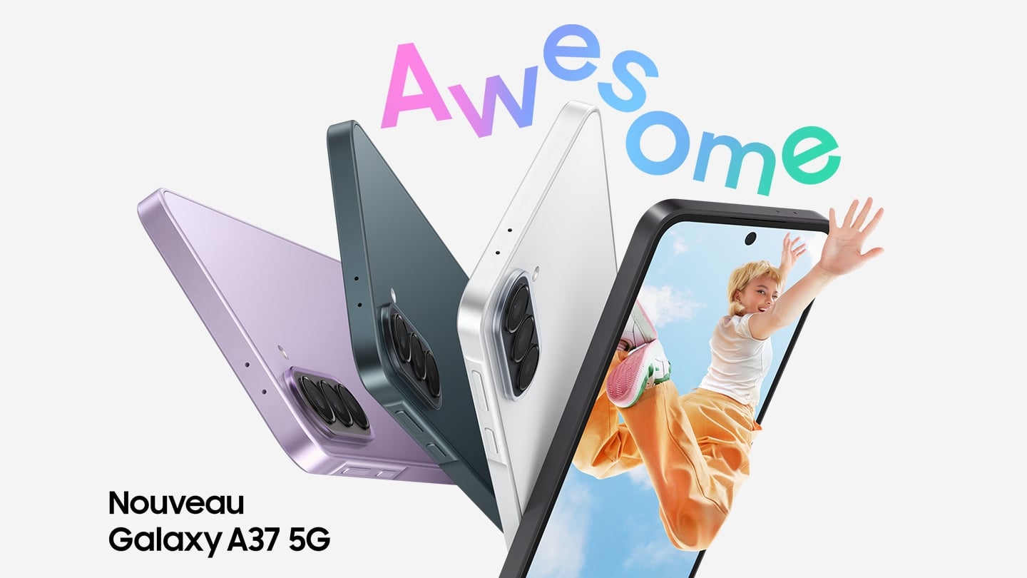 Le smartphone avec IA Galaxy&nbsp;A37&nbsp;5G, disponible dans les coloris Lavande, Vert foncé, Blanc et Graphite, vu de profil et de dos pour illustrer sa finesse et mettre en valeur son système à triple capteur photo. Le Galaxy&nbsp;A37&nbsp;5G Graphite est légèrement tourné avec l’écran&nbsp;6,7" Super AMOLED FHD+ 120&nbsp;Hz qui montre une image colorée. Puis le texte «&nbsp;Génial. Le nouveau Galaxy&nbsp;A37&nbsp;5G.&nbsp;»