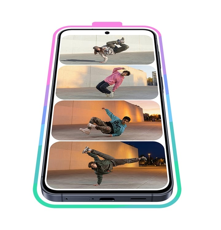 Un Galaxy A57 5G de couleur Awesome Navy est présenté de face en mode portrait, avec quatre segments de recharge de la batterie à l’écran, remplis d’images de jeunes personnes faisant du breakdance.