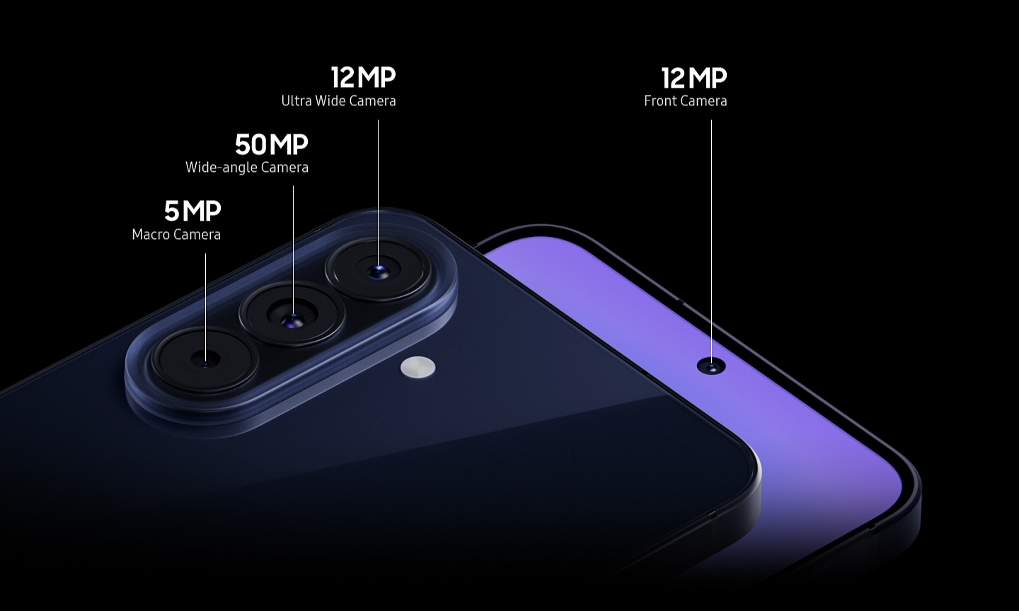 Gros plan sur le système d’appareil photo triple à l’arrière du Galaxy A57 5G de couleur Awesome Navy avec les objectifs du triple appareil photo qui s’intègrent dans le module d’appareil photo et un gros plan sur l’appareil photo frontal. Le Galaxy A57 5G est équipé d’un appareil photo grand angle de 50&nbsp;MP, d’un appareil photo ultra grand angle de&nbsp;12 MP et d’un appareil photo macro de 5&nbsp;MP à l’arrière, ainsi que d’un appareil photo frontal de 12&nbsp;MP.