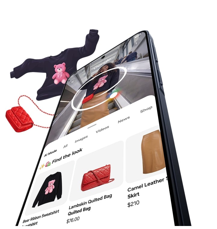 Un Galaxy A57 5G est présenté de face en mode portrait, avec une jeune femme à l’écran et un cercle tracé autour de deux éléments de sa tenue grâce à Circle to Search de Google. Les deux éléments, un sac et un pull, apparaissent dans les résultats de recherche en dessous et semblent sortir de l’écran.
