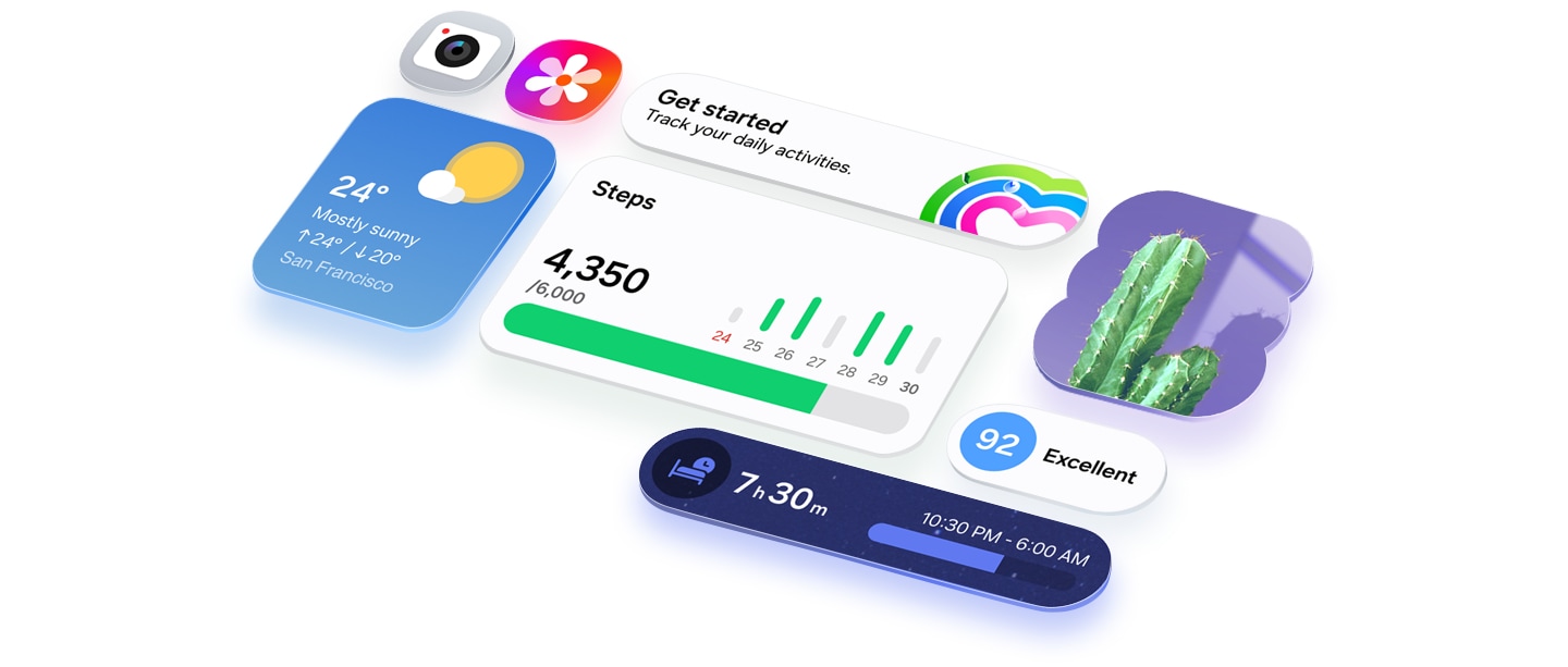 Diverses icônes d’applications et widgets de l’interface utilisateur One UI 8.5 sont disposés de manière ordonnée dans une grille, en mettant en évidence le look intuitif. 