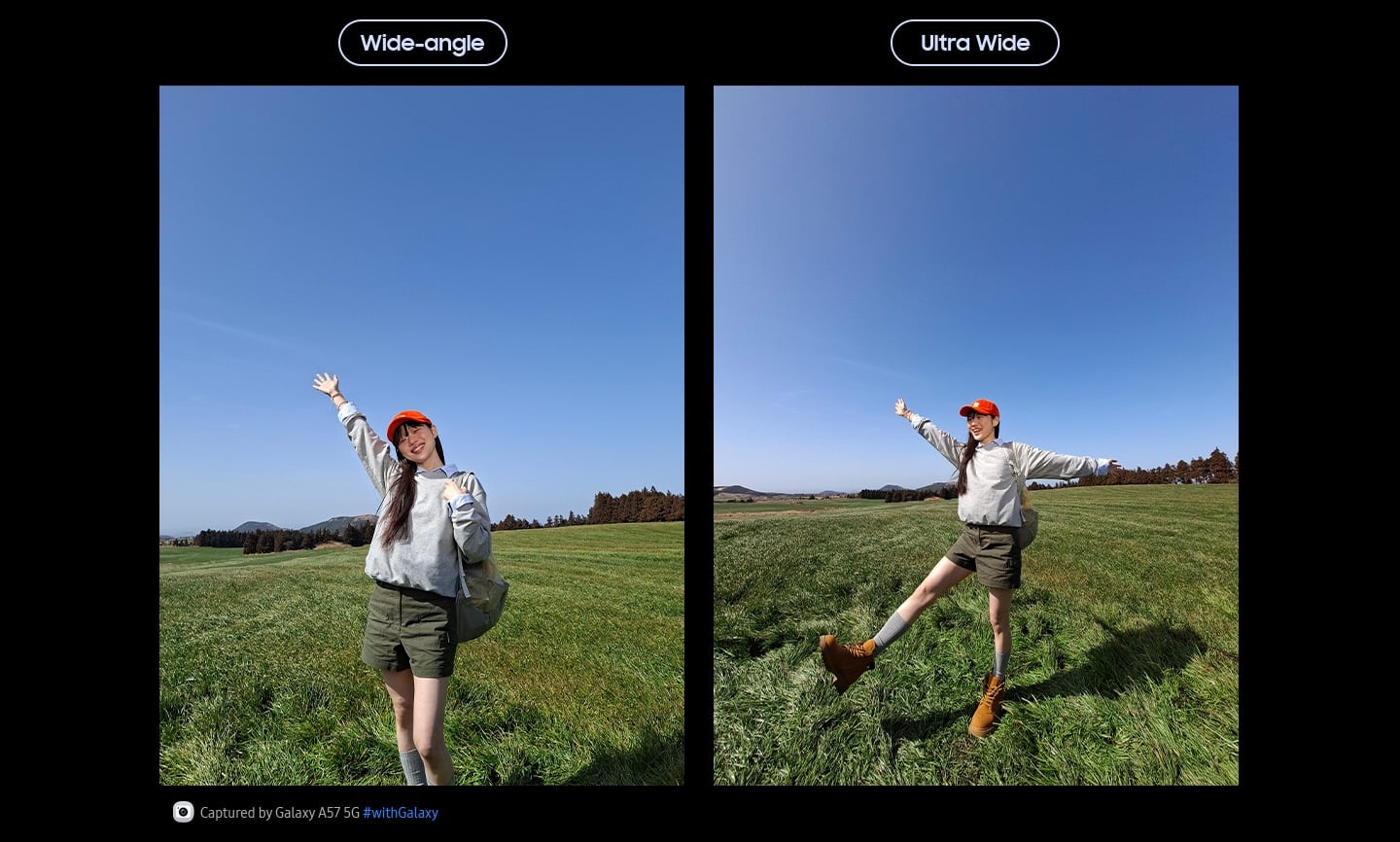 Deux photos de portrait d’une jeune femme au milieu d’une prairie, sur fond de ciel bleu, prises avec l’appareil photo grand angle et l’appareil photo ultra grand angle du Galaxy A57 5G. Les détails de la photo sont optimisés avec une qualité améliorée grâce à la segmentation par IA. En bas apparaît une icône d’appareil photo avec le texte «&nbsp;Capturée par Galaxy A57 5G&nbsp;» et le hashtag Galaxy.