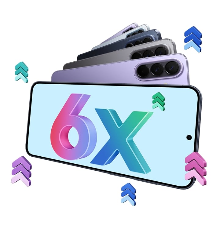 Cinq appareils Galaxy A57 5G de différentes couleurs sont présentés de l’arrière, superposés les uns aux autres. Un autre Galaxy A57 5G présenté de face en mode paysage, avec le texte «&nbsp;6x&nbsp;» à l’écran, indiquant que le Galaxy A57 5G bénéficie de 6&nbsp;mises à niveau du système d’exploitation et de 6&nbsp;ans de mises à niveau de sécurité.