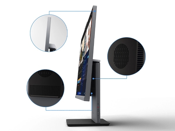 Lenovo ThinkCentre Neo 50a G5 27″ all-in-one desktop PC -- right-side view with the callouts of speakers and panel.