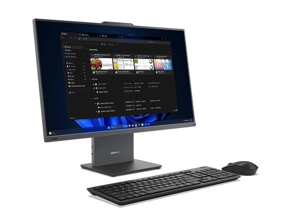 PC de bureau tout-en-un&nbsp;: vue avant gauche montrant un clavier et une souris sans fil en option avec une fen&ecirc;tre ouverte sur l&rsquo;&eacute;cran du Lenovo ThinkCentre Neo&nbsp;50a G5 27&nbsp;pouces