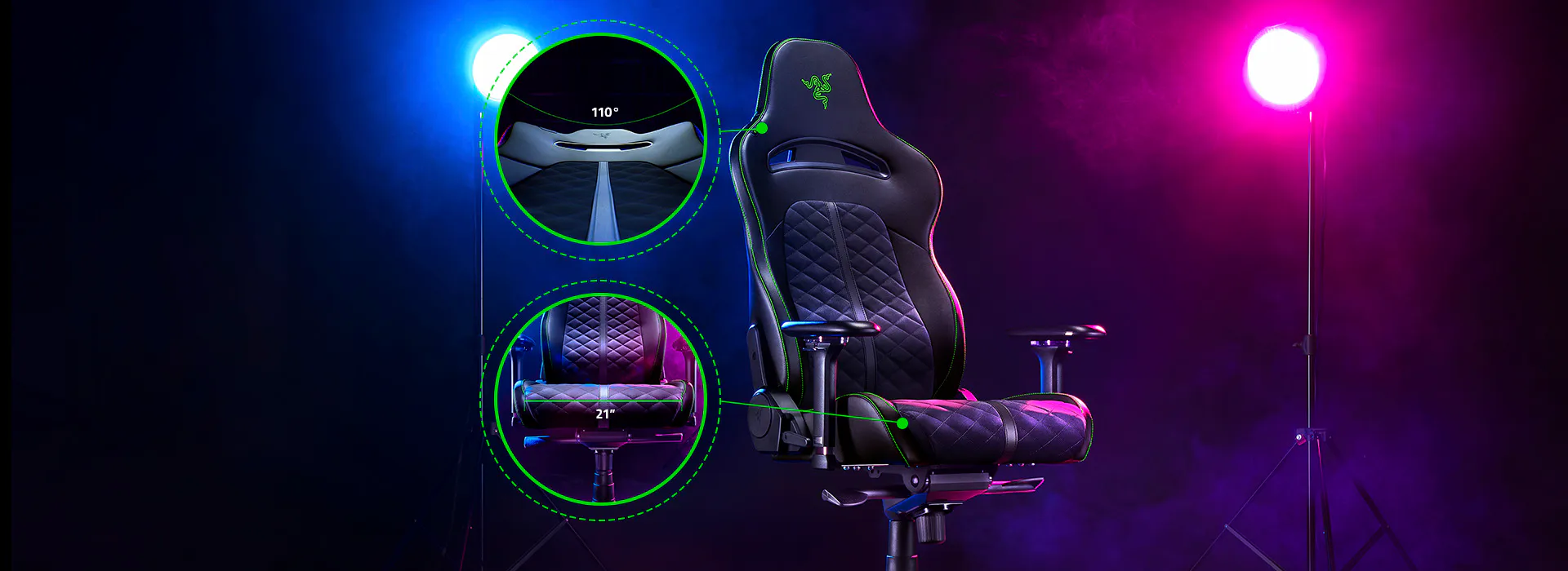 One of the best gaming chairs with 110° extended shoulder arches and a 21-inch ultrawide seat base