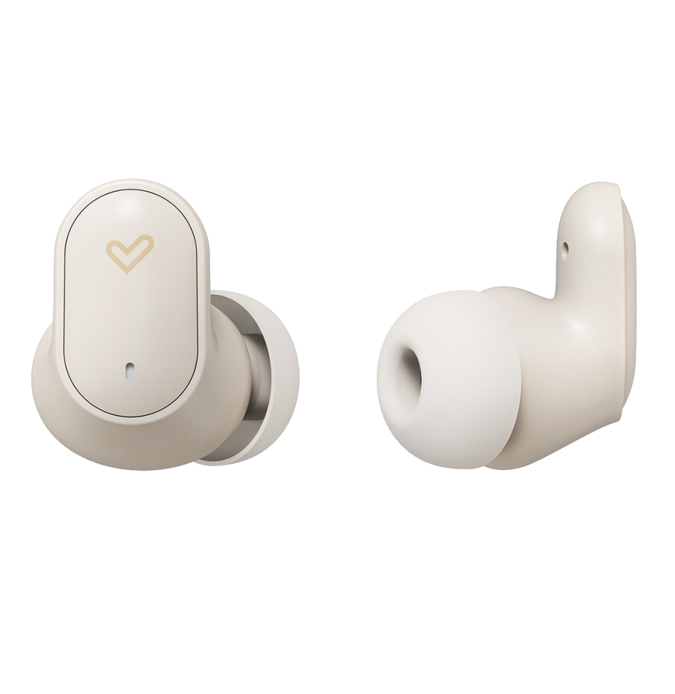Détail des écouteurs Urban Pulse crème et de l'embout silicone