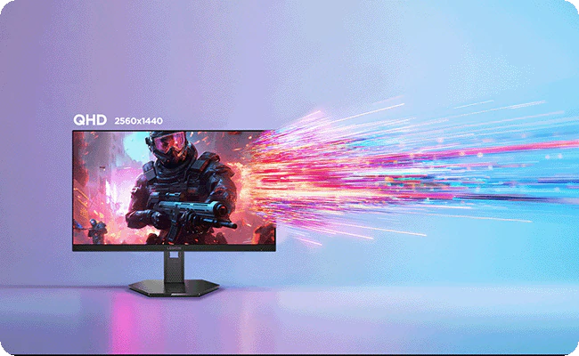 Le moniteur Lenovo Legion-27q-11 montre un soldat de science-fiction avec des stries lumineuses colorées et le texte “QHD 2560×1440".